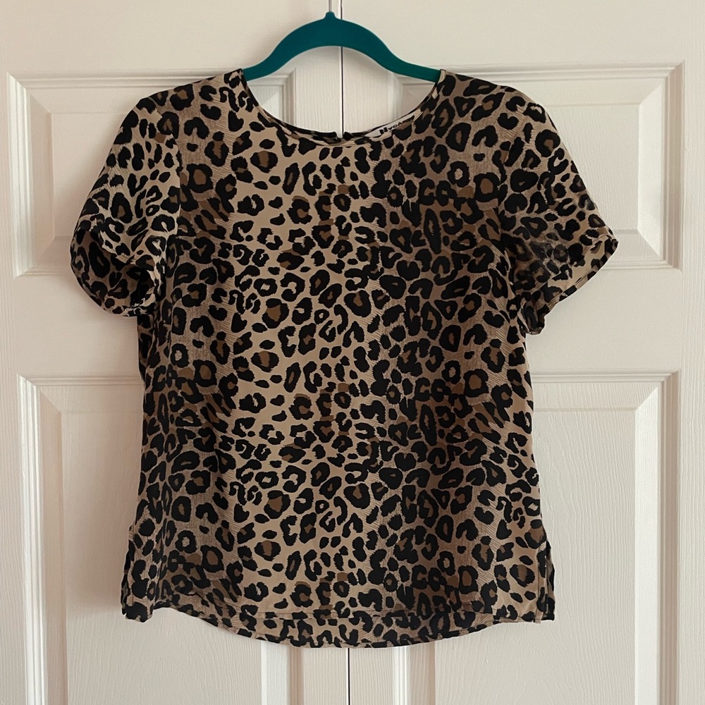Vintage 100% Silk Leopard Print Short Sleeve Women’s Top - Tan & Black